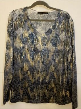 Clotheshead Blue & Gold V-Neck Long Sleeve Metallic Print Shirt Size Large